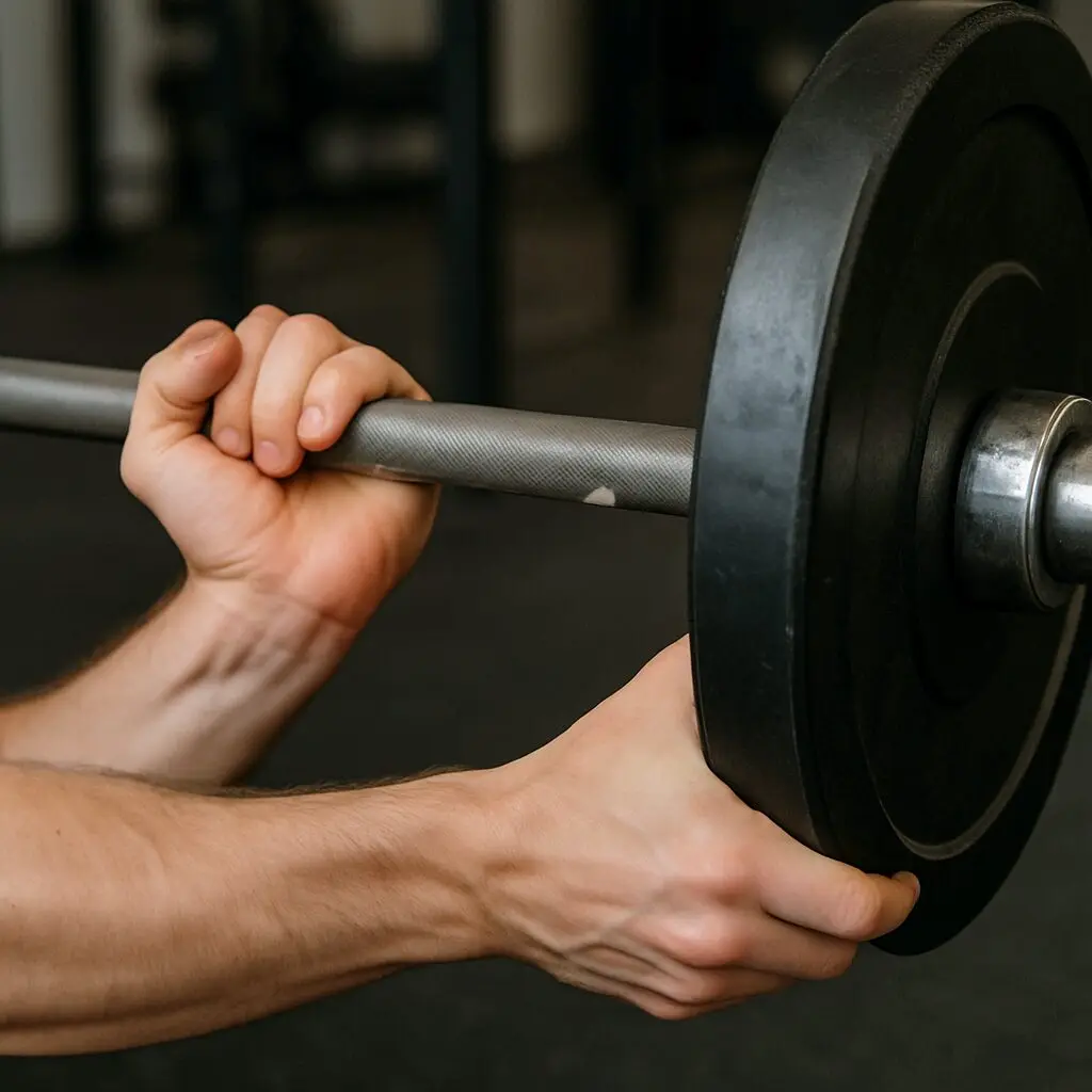 Close-up of hands loading a weight plate onto a barbell
