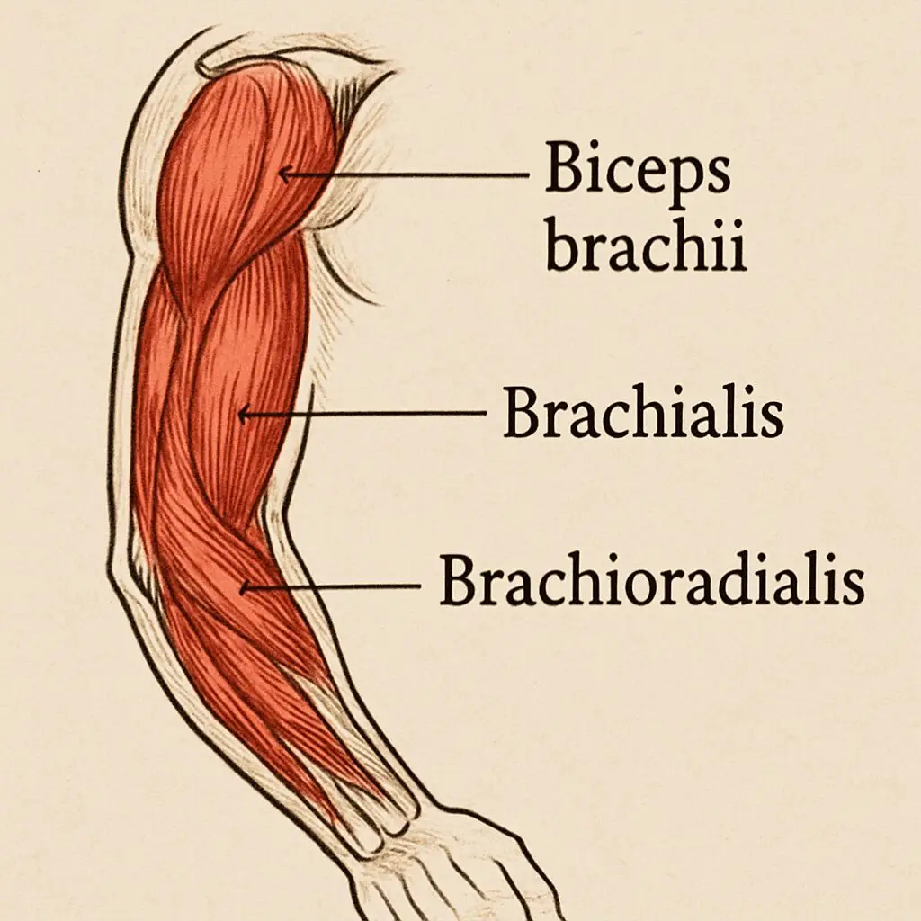 Anatomy diagram of the biceps brachii, brachialis and brachioradialis