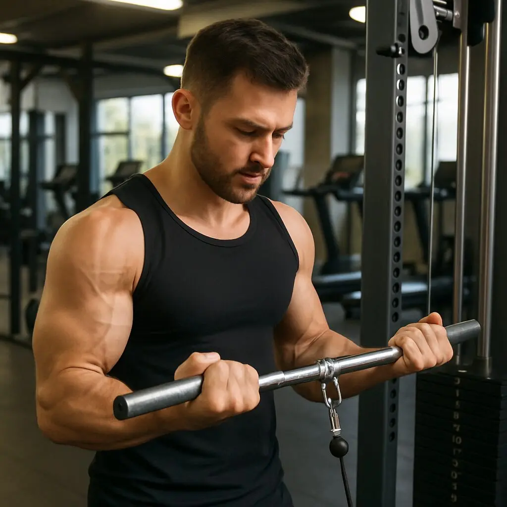 Man performing a cable bicep curl with constant tension