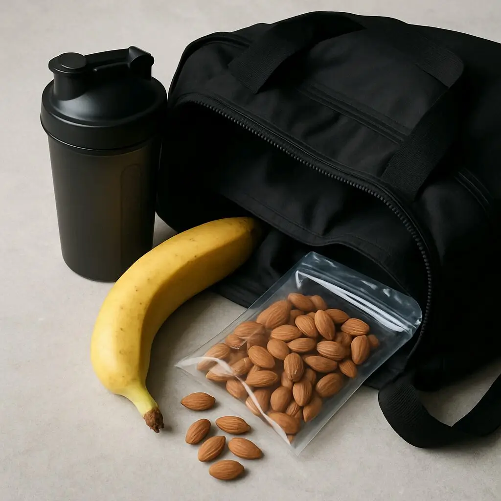 Gym bag with a shaker, banana and a bag of almonds