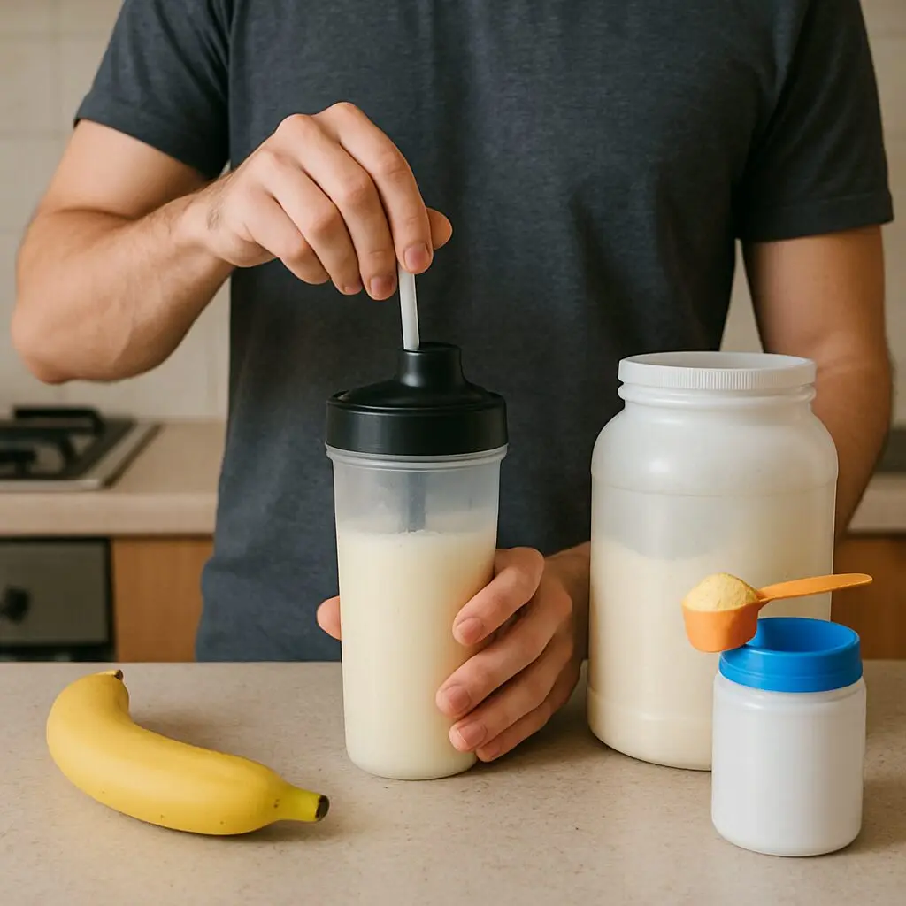 A protein shake being mixed with a banana on the kitchen counter