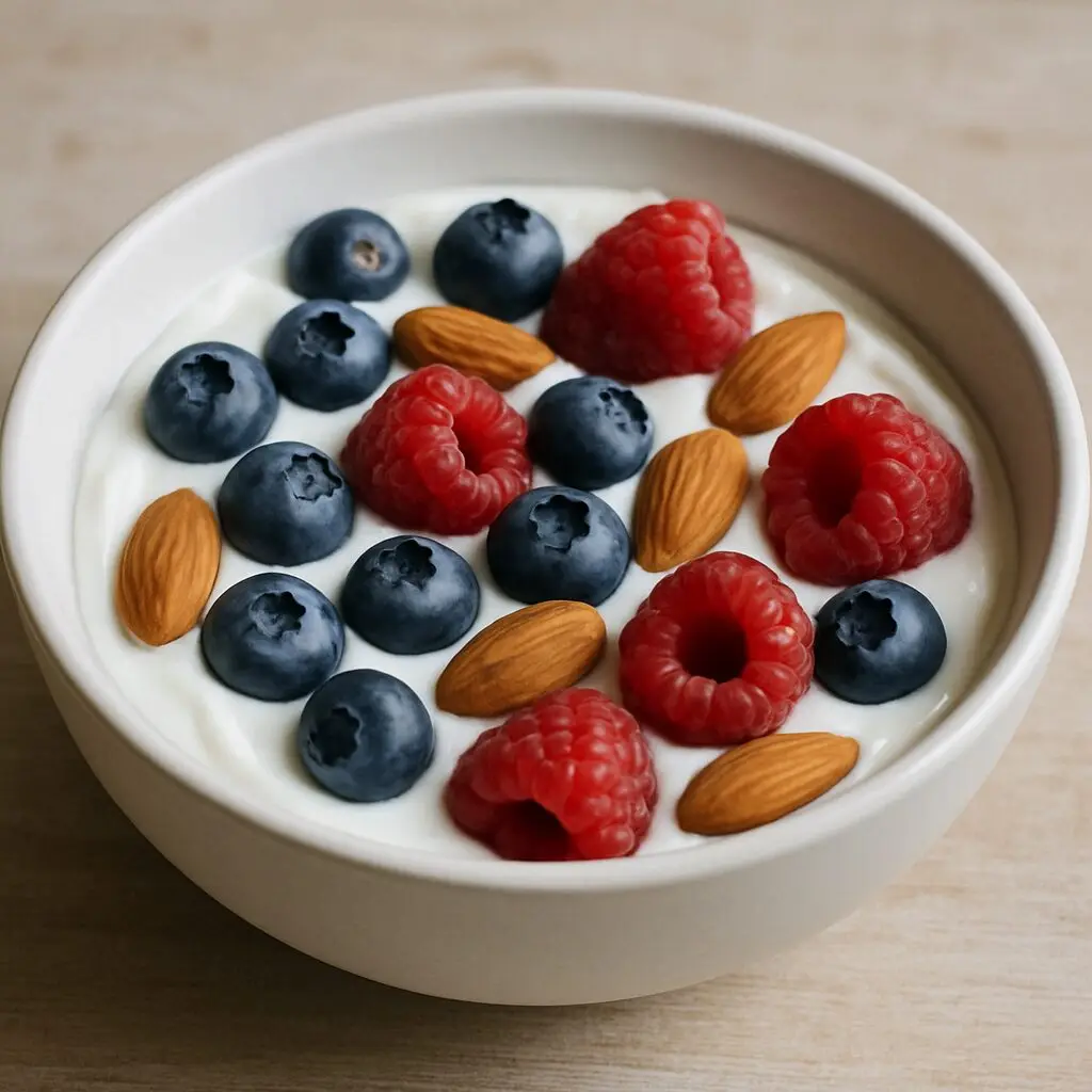 Greek yogurt bowl topped with berries and almonds