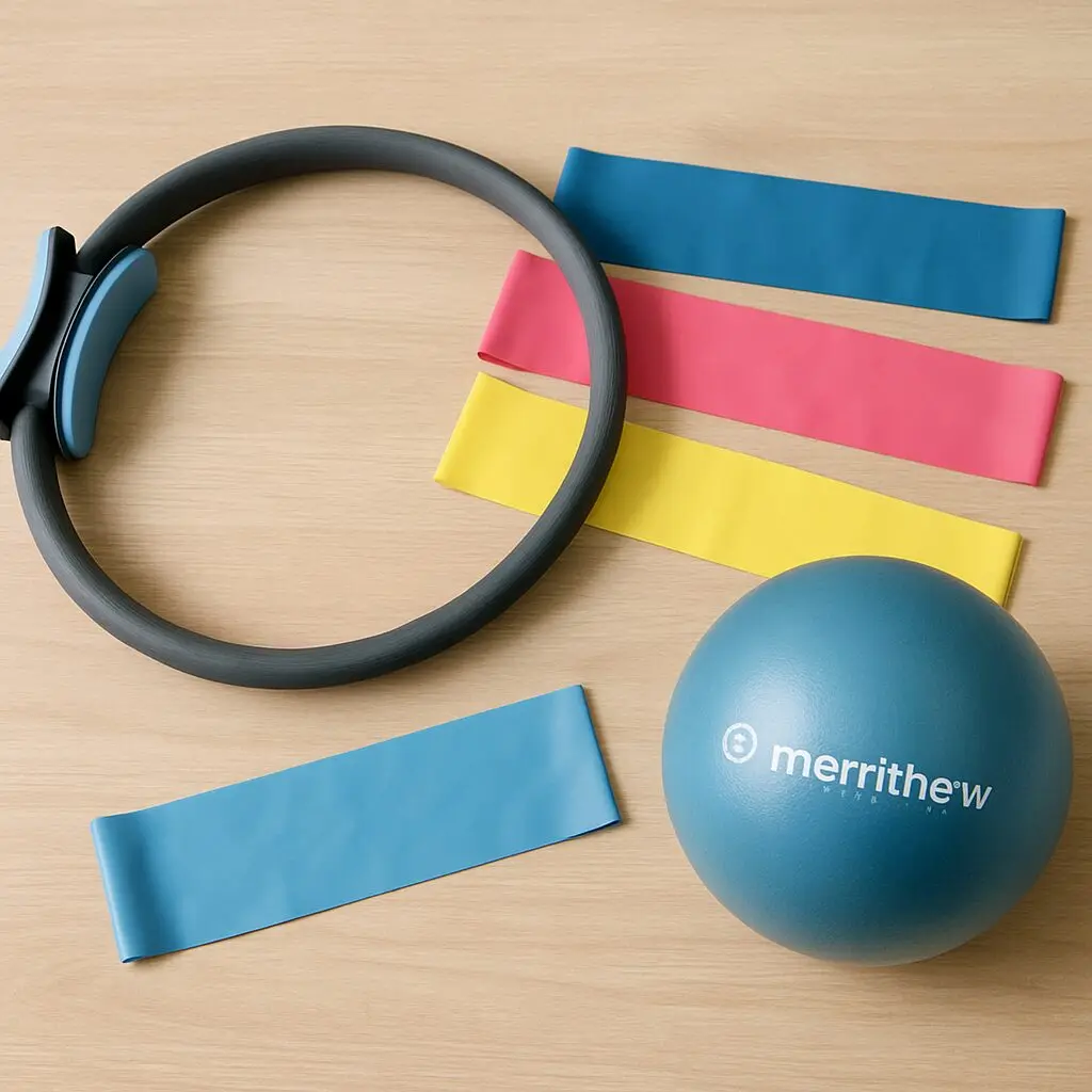 Merrithew Pilates accessories — magic circle, resistance bands and a Pilates ball