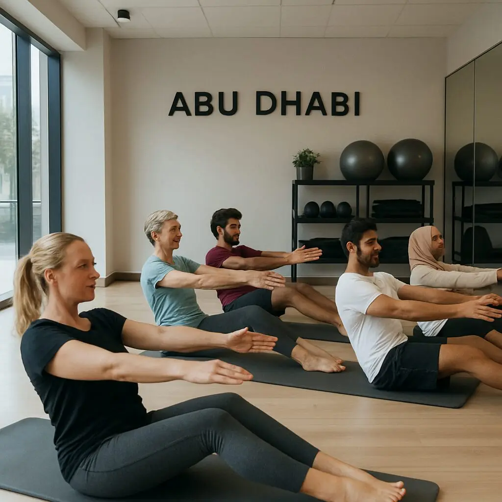 A group Pilates mat class in an Abu Dhabi studio