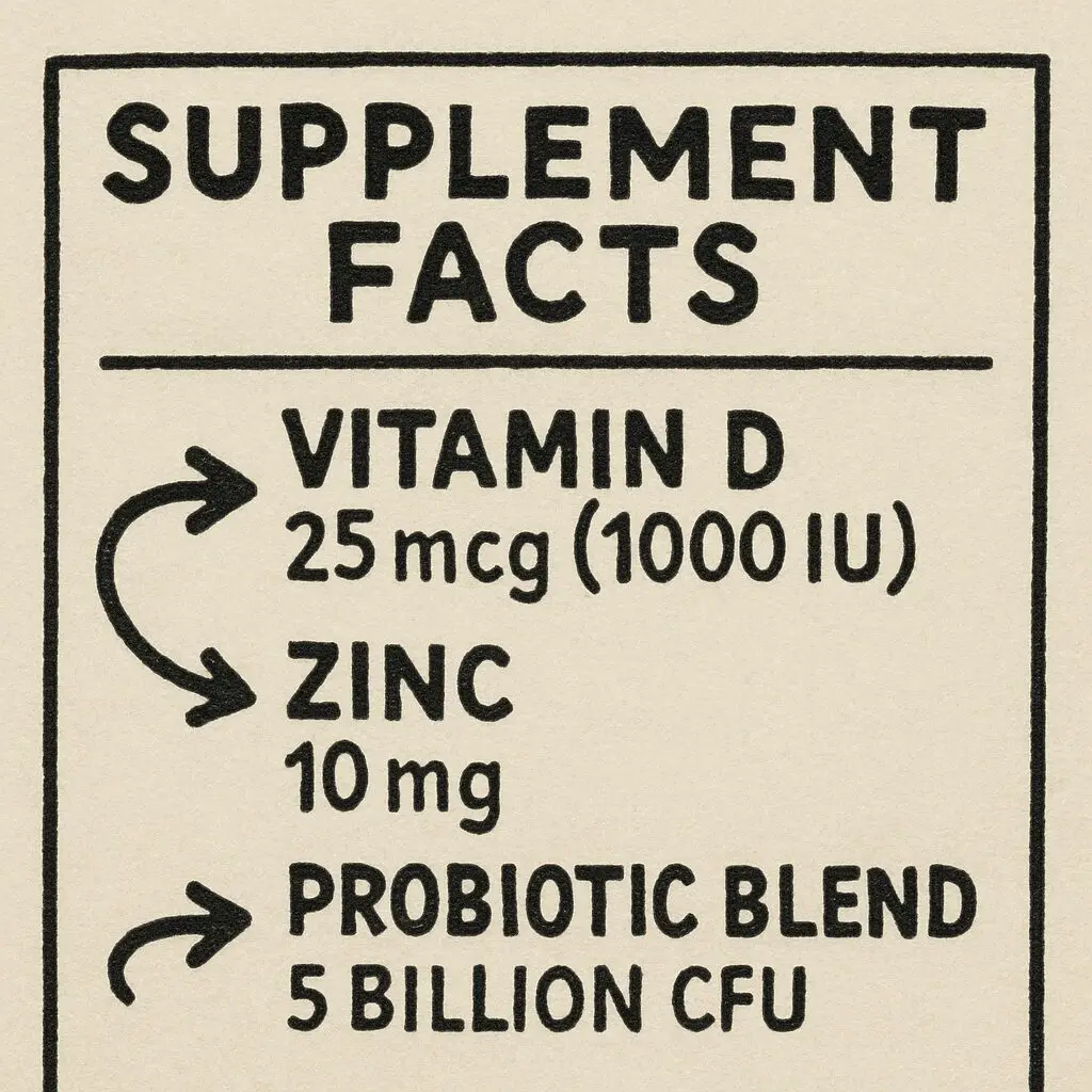 Stylised supplement facts label showing vitamin D, zinc and probiotic blend