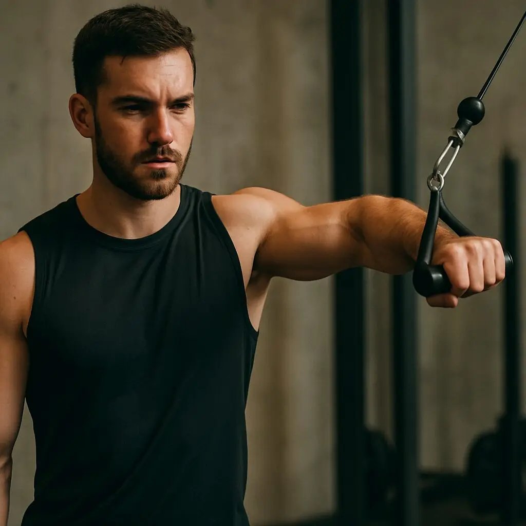 Man performing a cable lateral raise for the side deltoid